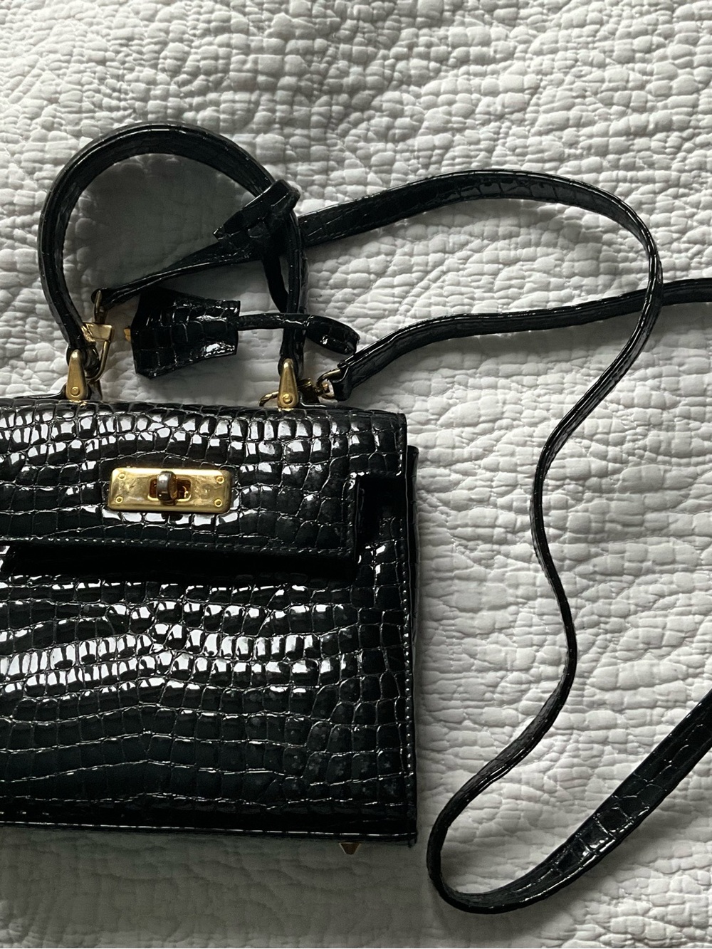 Black Croc-Embossed Leather Crossbody Bag with Gold Hardware